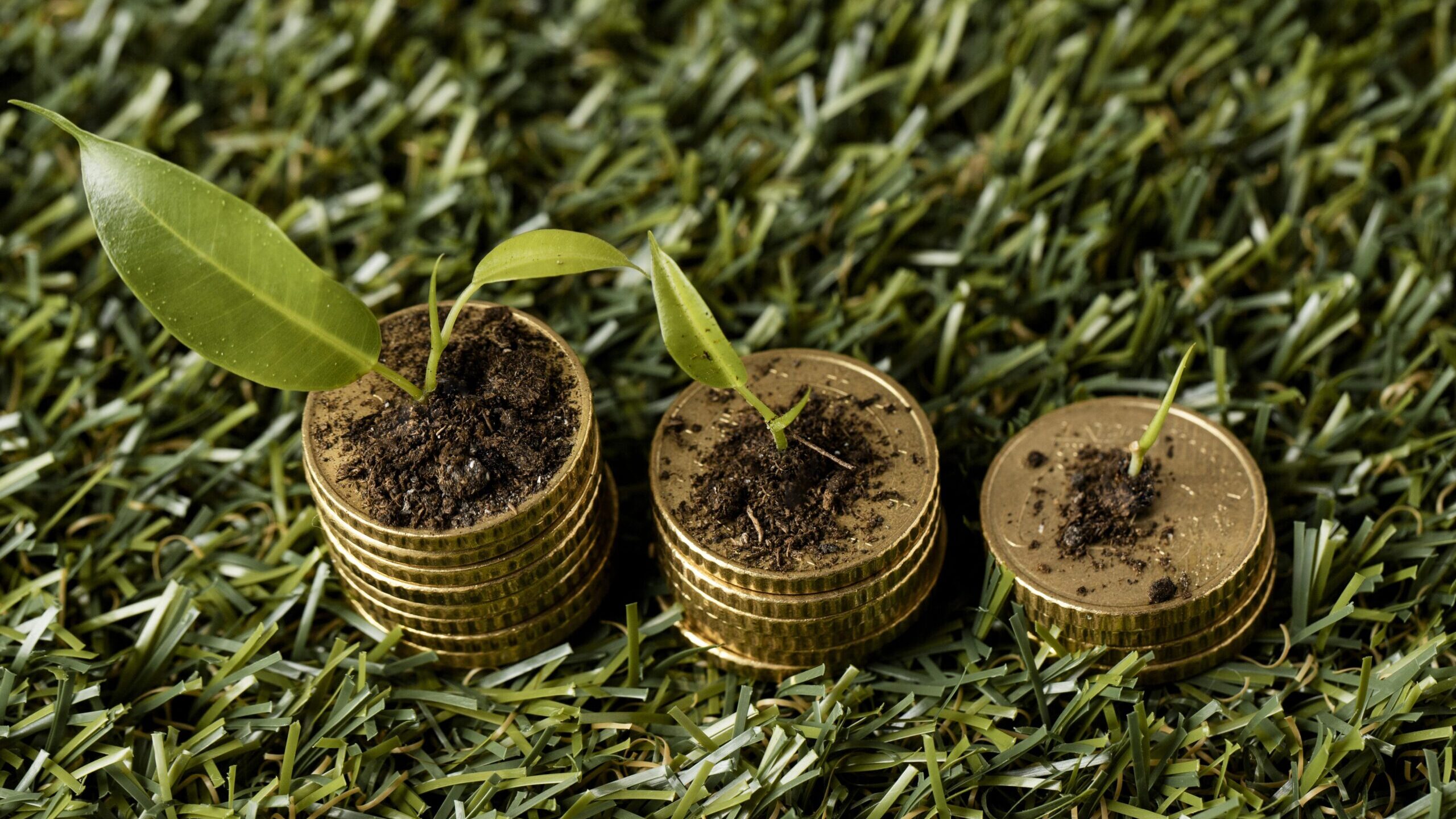 high-angle-three-stacks-coins-grass-with-dirt-plants